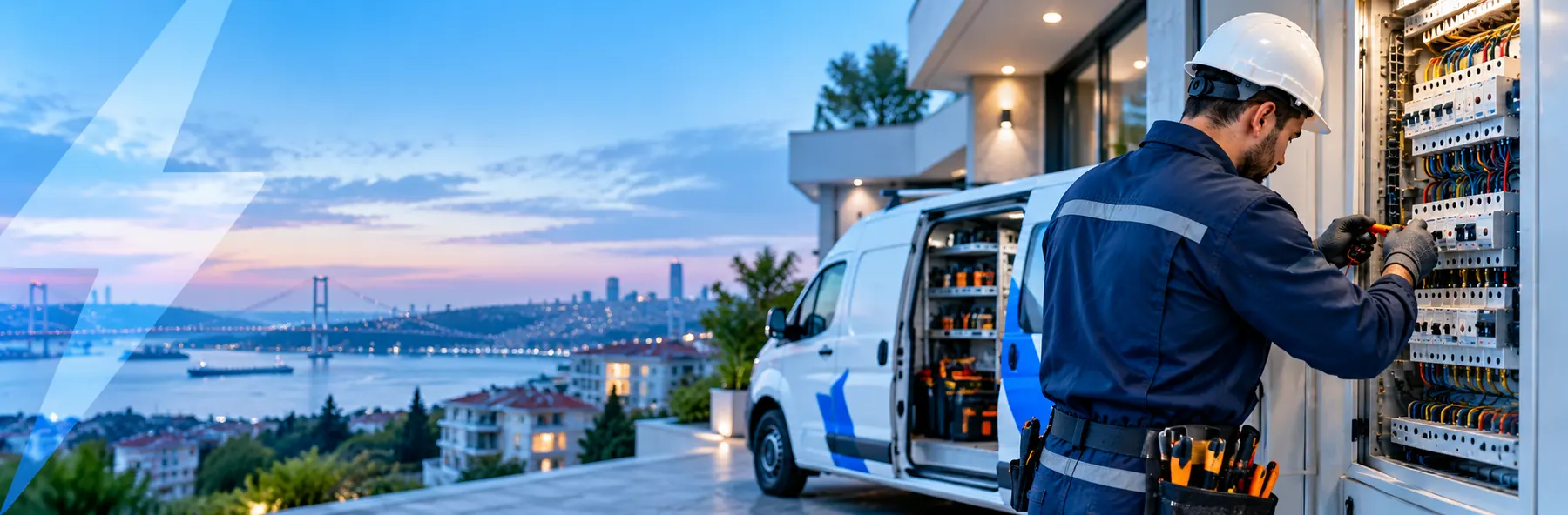 Boğaz manzarası önünde elektrik servisi aracı ve elektrikçi ekip
